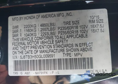 2016 Acura Rdx Technology from USA, damaged, VIN 5J8TB3H50GL009591